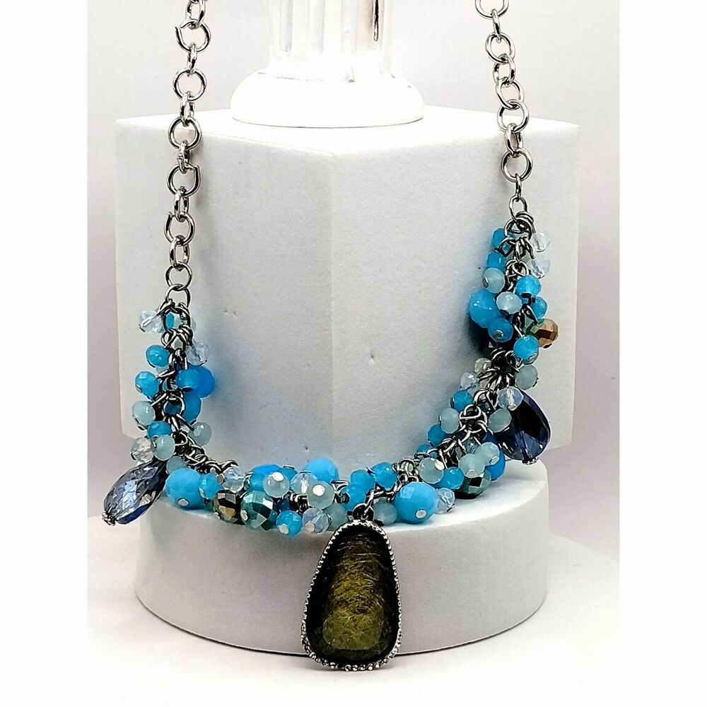 Designer Signed Shades of Blue Glass and Lucite Faceted Beads with Oval Pendant